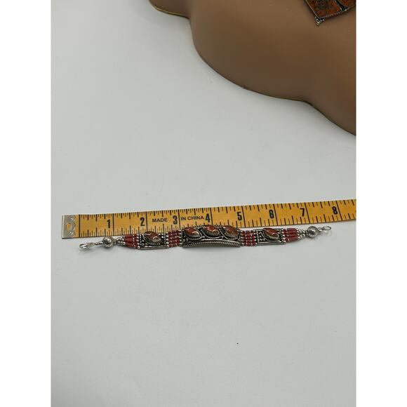 Tibetan Coral & Copal Jewelry Set Necklace Bracelet Earrings Tibetan Silver - Picture 5 of 7